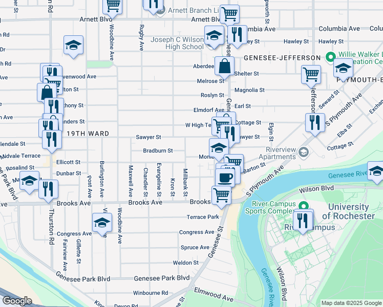 map of restaurants, bars, coffee shops, grocery stores, and more near 88 Monica Street in Rochester