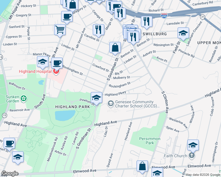 map of restaurants, bars, coffee shops, grocery stores, and more near 343 Rockingham Street in Rochester