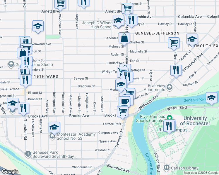 map of restaurants, bars, coffee shops, grocery stores, and more near 88 Monica Street in Rochester