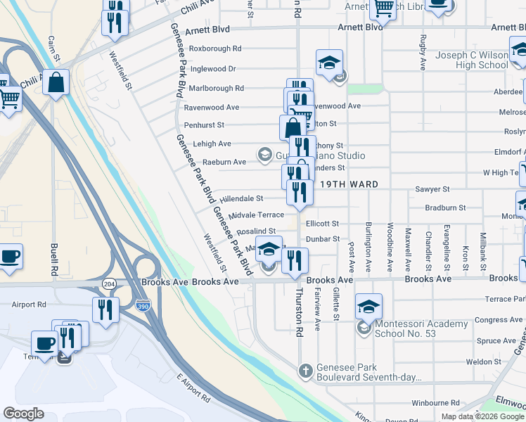 map of restaurants, bars, coffee shops, grocery stores, and more near 90 Midvale Terrace in Rochester