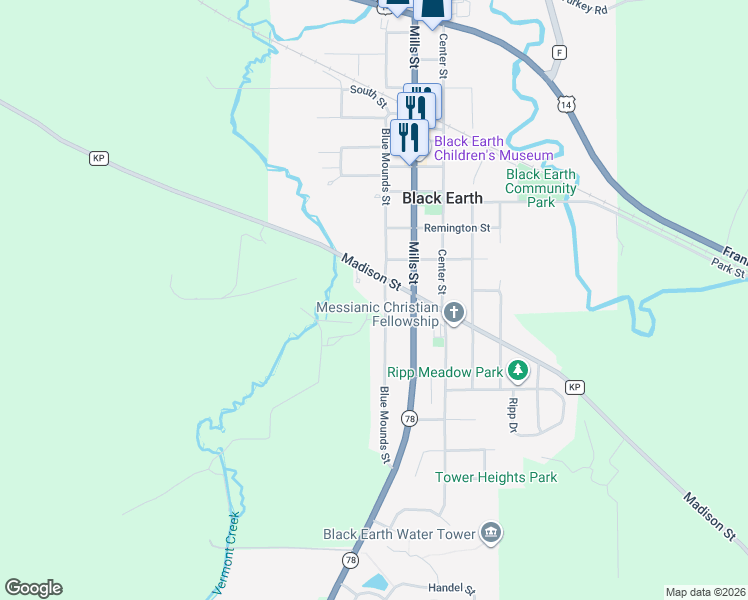map of restaurants, bars, coffee shops, grocery stores, and more near 1618 Blue Mounds Street in Black Earth