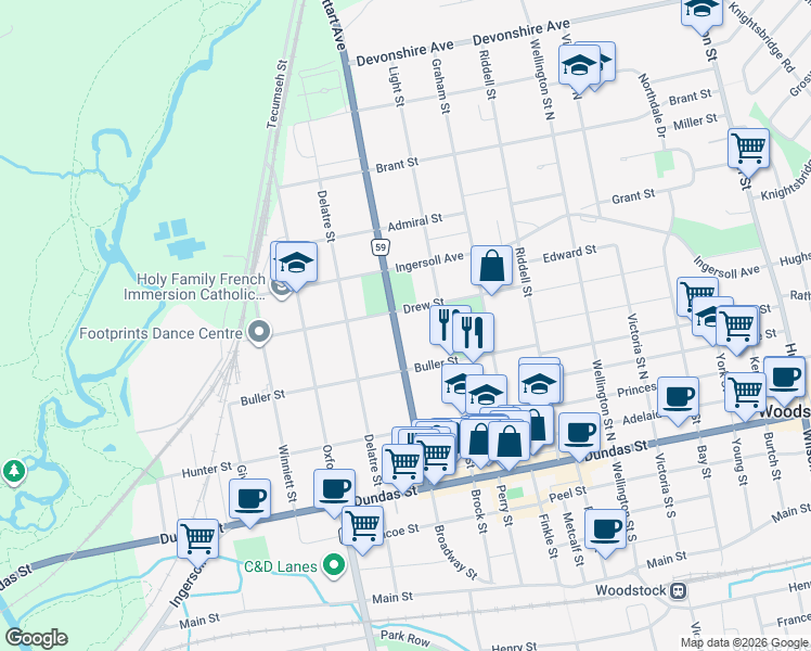 map of restaurants, bars, coffee shops, grocery stores, and more near 140 Vansittart Avenue in Woodstock