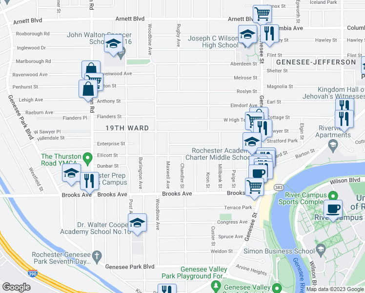 map of restaurants, bars, coffee shops, grocery stores, and more near 111 Bradburn Street in Rochester