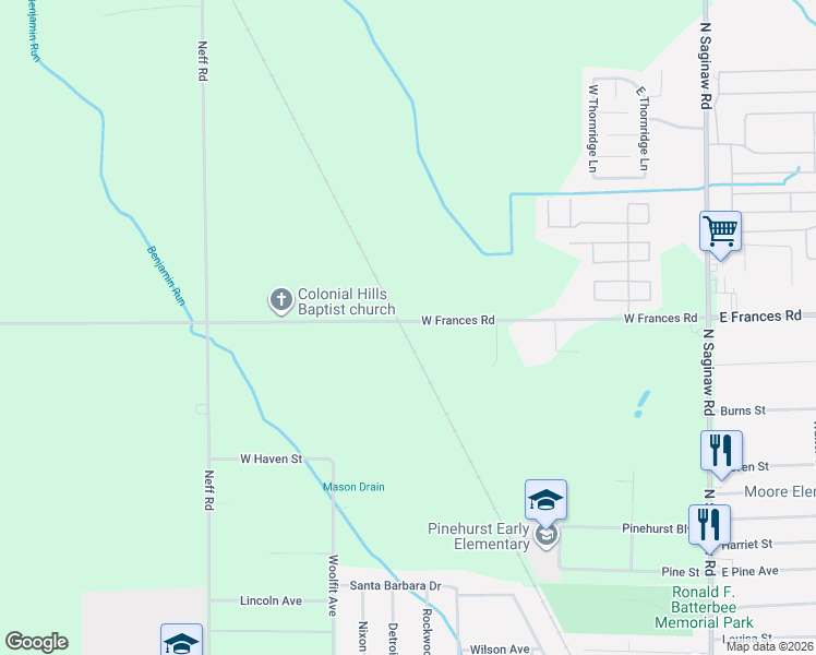 map of restaurants, bars, coffee shops, grocery stores, and more near 1327 West Frances Road in Mount Morris