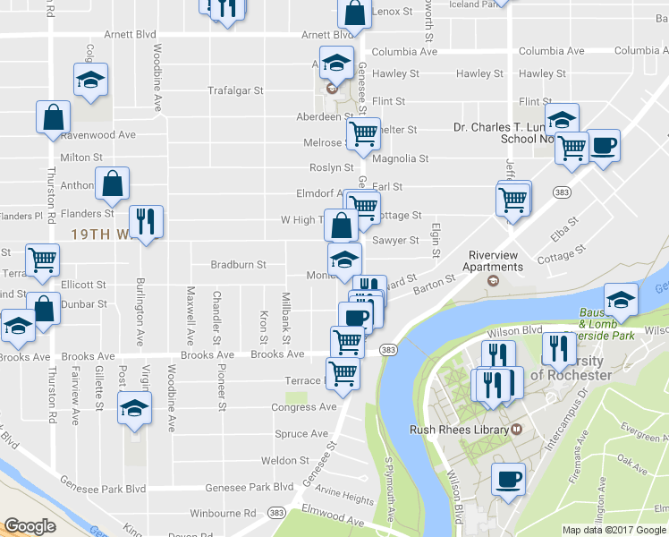 map of restaurants, bars, coffee shops, grocery stores, and more near 34 Monica Street in Rochester