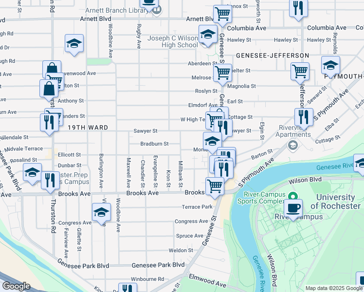 map of restaurants, bars, coffee shops, grocery stores, and more near 50 Millbank Street in Rochester