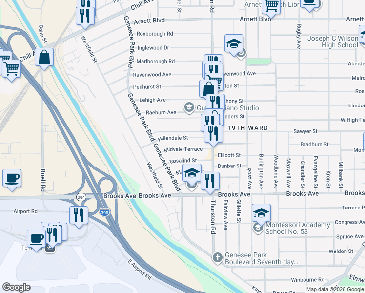 map of restaurants, bars, coffee shops, grocery stores, and more near 90 Midvale Terrace in Rochester