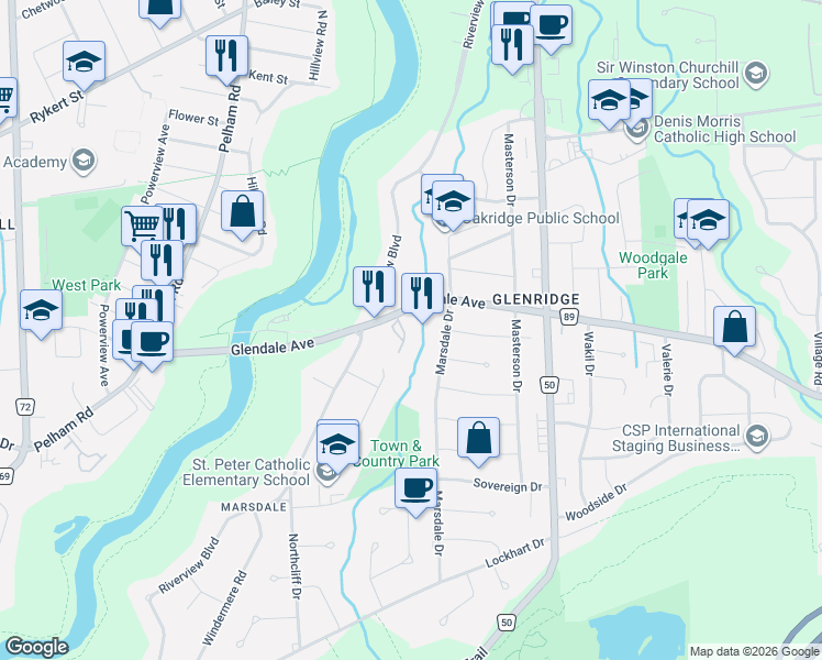 map of restaurants, bars, coffee shops, grocery stores, and more near 58 Glendale Avenue in St. Catharines