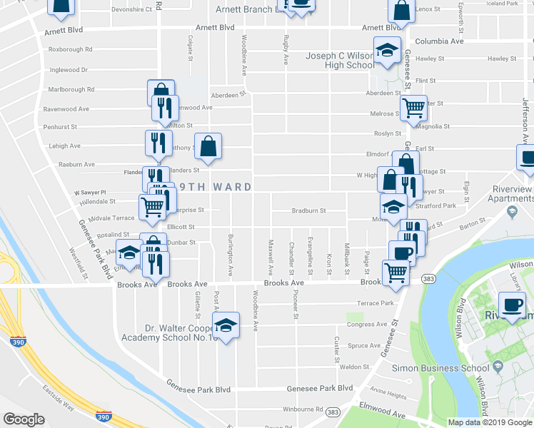 map of restaurants, bars, coffee shops, grocery stores, and more near 45 Maxwell Avenue in Rochester
