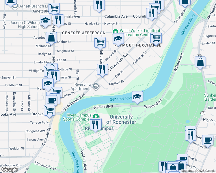 map of restaurants, bars, coffee shops, grocery stores, and more near 175 Cottage Street in Rochester