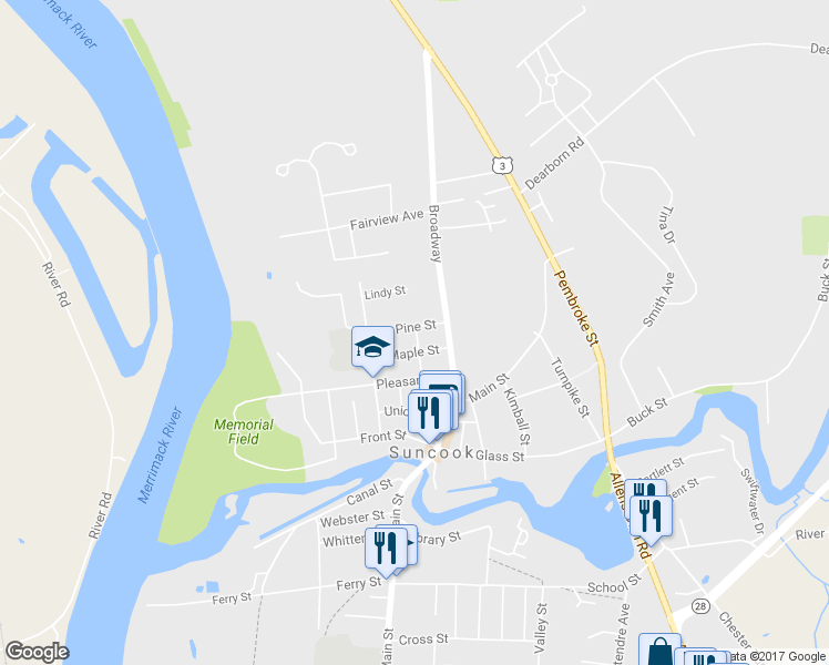 map of restaurants, bars, coffee shops, grocery stores, and more near 24 Prospect Street in Suncook