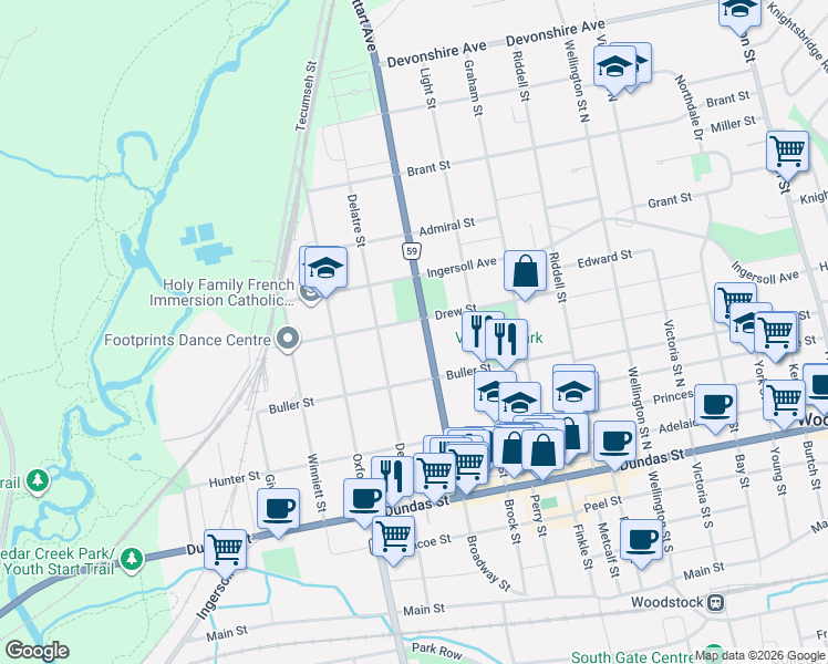 map of restaurants, bars, coffee shops, grocery stores, and more near 145 Vansittart Avenue in Woodstock