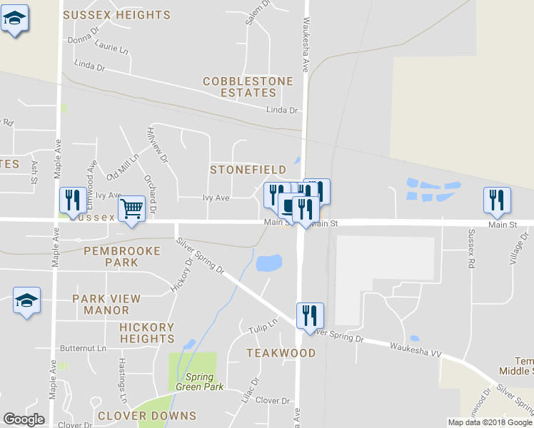 map of restaurants, bars, coffee shops, grocery stores, and more near N 64 W23356 Main Street in Sussex