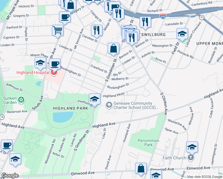 map of restaurants, bars, coffee shops, grocery stores, and more near 343 Rockingham Street in Rochester