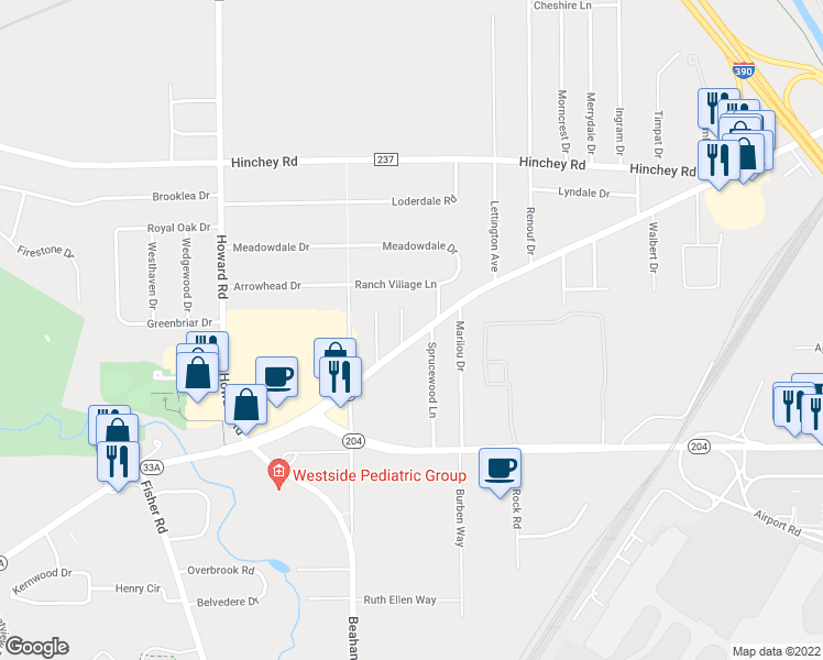 map of restaurants, bars, coffee shops, grocery stores, and more near 1820 Chili Avenue in Rochester