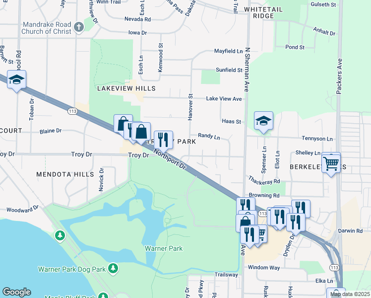 map of restaurants, bars, coffee shops, grocery stores, and more near 3708 Hanover Street in Madison