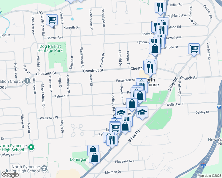 map of restaurants, bars, coffee shops, grocery stores, and more near 101 Coolidge Rd in Syracuse