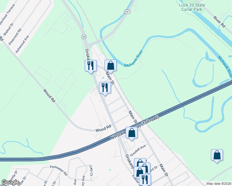 map of restaurants, bars, coffee shops, grocery stores, and more near 293 Main Street in Whitesboro
