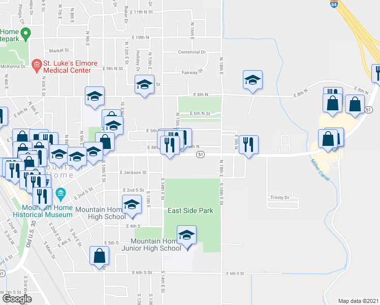 map of restaurants, bars, coffee shops, grocery stores, and more near 1550 American Legion Boulevard in Mountain Home