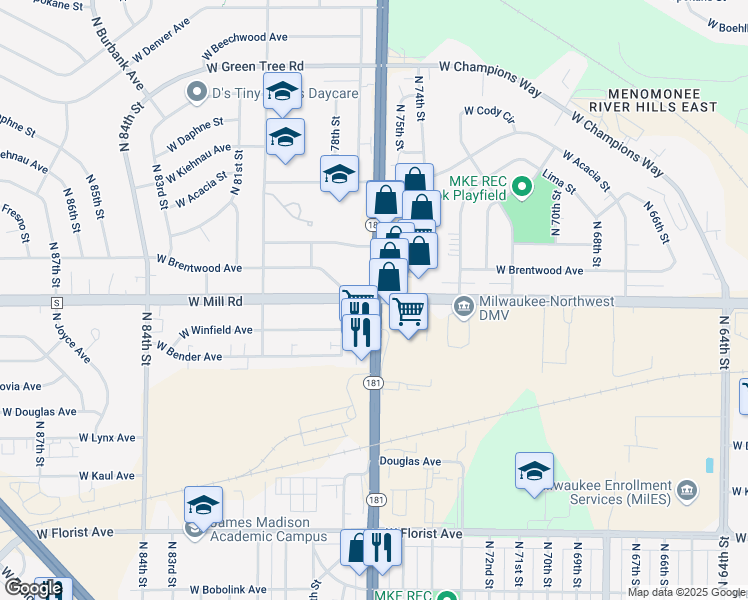 map of restaurants, bars, coffee shops, grocery stores, and more near North 76th Street & West Mill Road in Milwaukee
