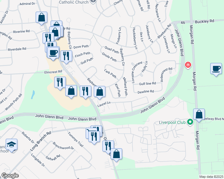 map of restaurants, bars, coffee shops, grocery stores, and more near 3 Jay Path in Liverpool