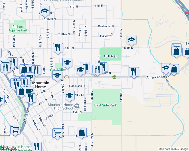 map of restaurants, bars, coffee shops, grocery stores, and more near 1410 American Legion Boulevard in Mountain Home