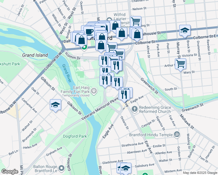 map of restaurants, bars, coffee shops, grocery stores, and more near 7 Erie Avenue in Brantford