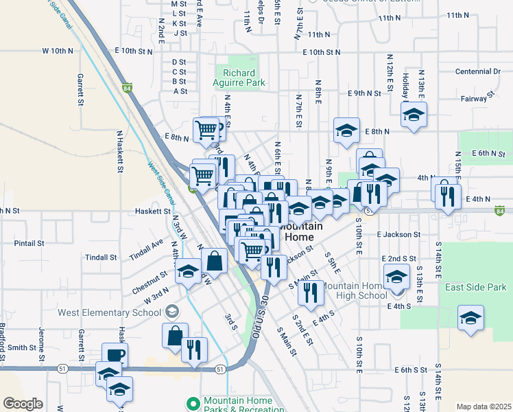 map of restaurants, bars, coffee shops, grocery stores, and more near 350 North 3rd East Street in Mountain Home