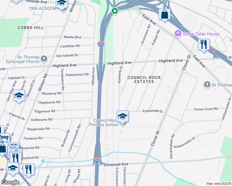 map of restaurants, bars, coffee shops, grocery stores, and more near 119 Village Lane in Rochester