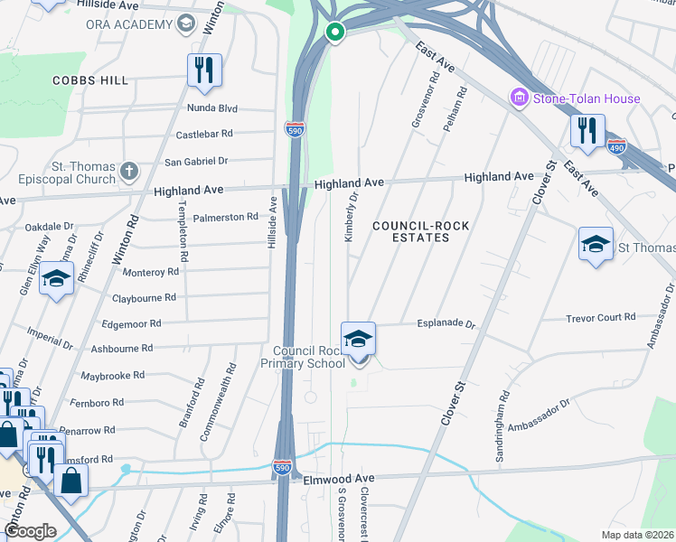 map of restaurants, bars, coffee shops, grocery stores, and more near 119 Village Lane in Rochester