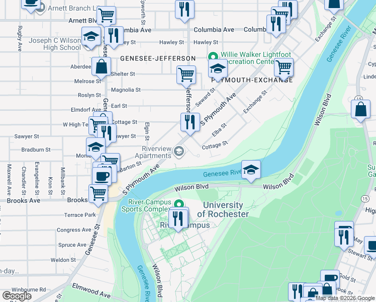 map of restaurants, bars, coffee shops, grocery stores, and more near 1218 South Plymouth Avenue in Rochester