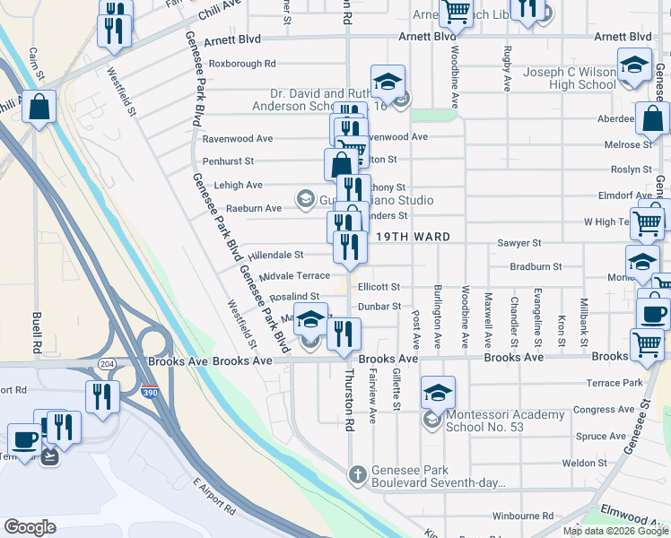 map of restaurants, bars, coffee shops, grocery stores, and more near 32 Midvale Terrace in Rochester