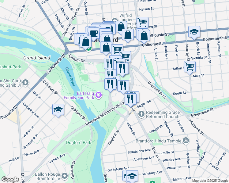 map of restaurants, bars, coffee shops, grocery stores, and more near in Brantford