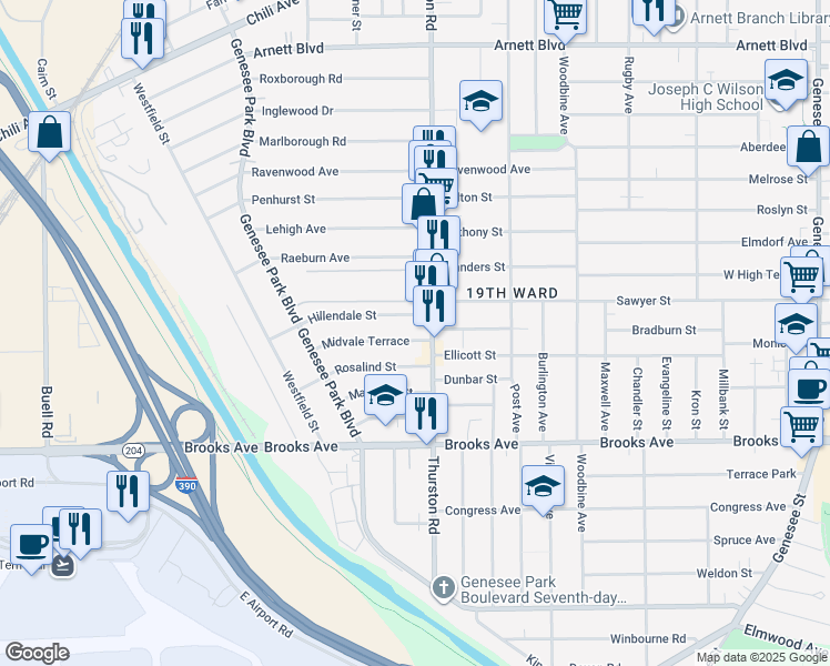 map of restaurants, bars, coffee shops, grocery stores, and more near 32 Midvale Terrace in Rochester