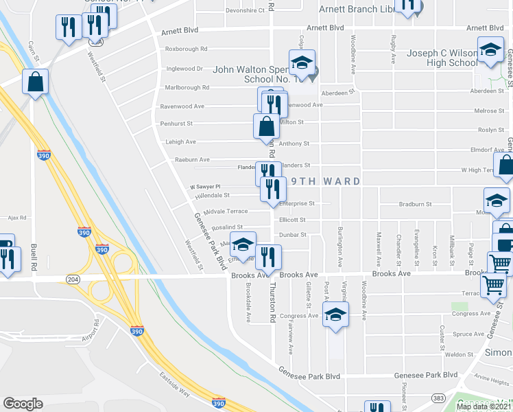 map of restaurants, bars, coffee shops, grocery stores, and more near 32 Midvale Terrace in Rochester
