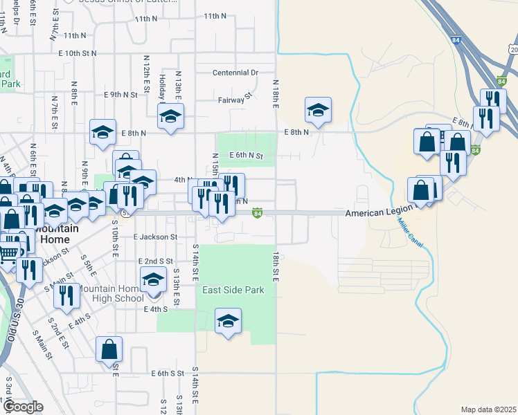 map of restaurants, bars, coffee shops, grocery stores, and more near 1750 American Legion Boulevard in Mountain Home
