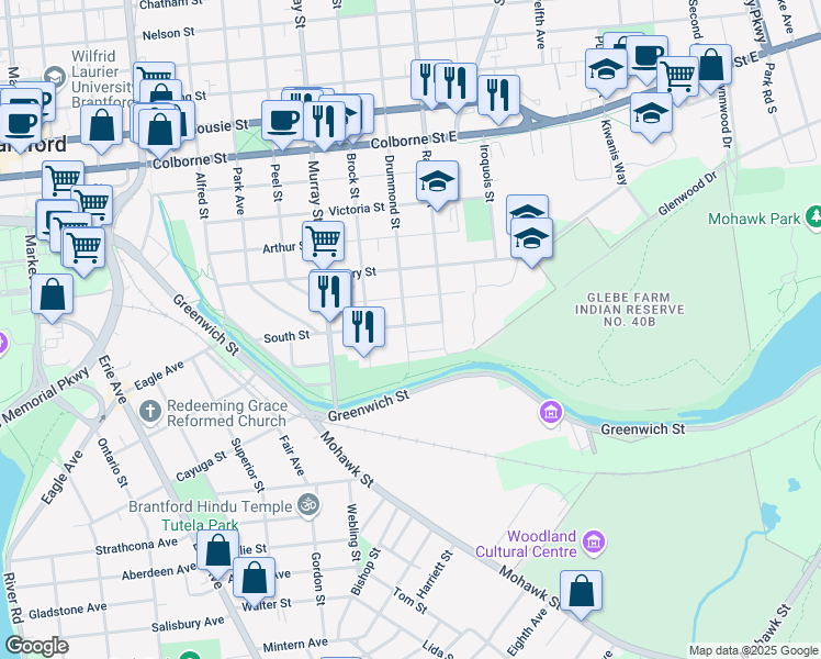map of restaurants, bars, coffee shops, grocery stores, and more near 25 Drummond Street in Brantford