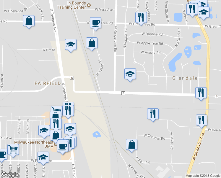 map of restaurants, bars, coffee shops, grocery stores, and more near 6409 North Range Line Road in Glendale
