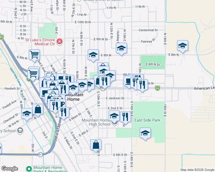 map of restaurants, bars, coffee shops, grocery stores, and more near 1122 American Legion Boulevard in Mountain Home