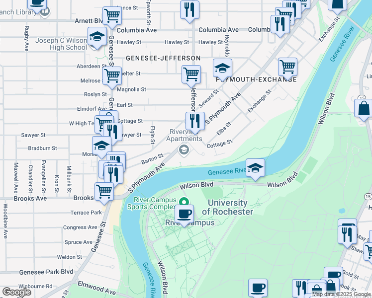 map of restaurants, bars, coffee shops, grocery stores, and more near 1218 South Plymouth Avenue in Rochester