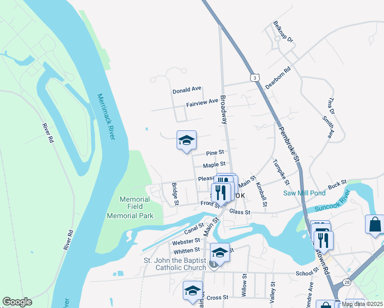 map of restaurants, bars, coffee shops, grocery stores, and more near 2 Simpson Avenue in Suncook