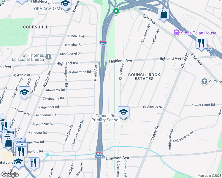 map of restaurants, bars, coffee shops, grocery stores, and more near 119 Village Lane in Brighton