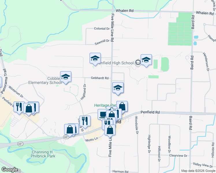 map of restaurants, bars, coffee shops, grocery stores, and more near 2059 Five Mile Line Road in Penfield