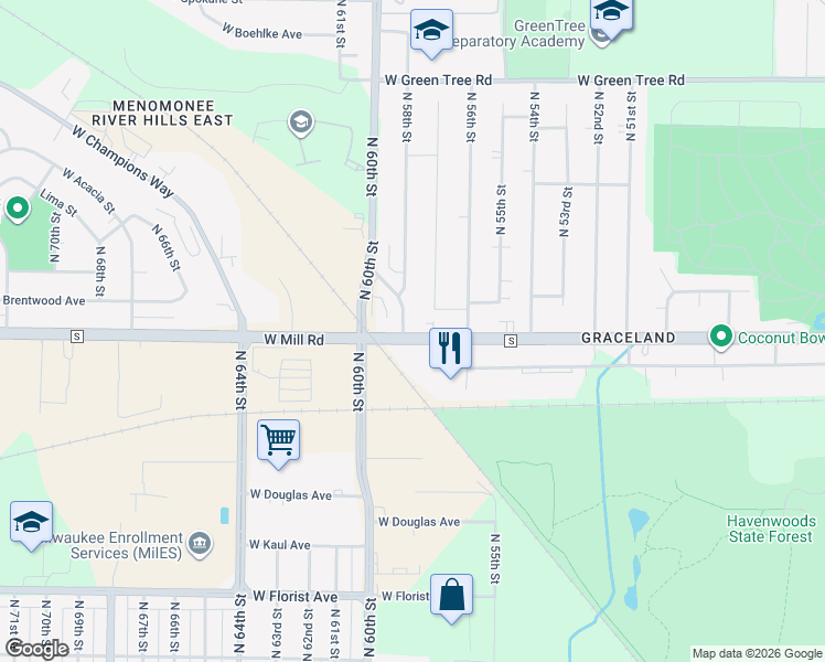 map of restaurants, bars, coffee shops, grocery stores, and more near 6400 North 58th Street in Milwaukee