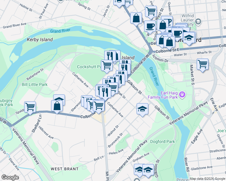 map of restaurants, bars, coffee shops, grocery stores, and more near 85 Colborne Street West in Brantford
