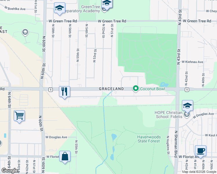 map of restaurants, bars, coffee shops, grocery stores, and more near 6401 North 51st Street in Milwaukee