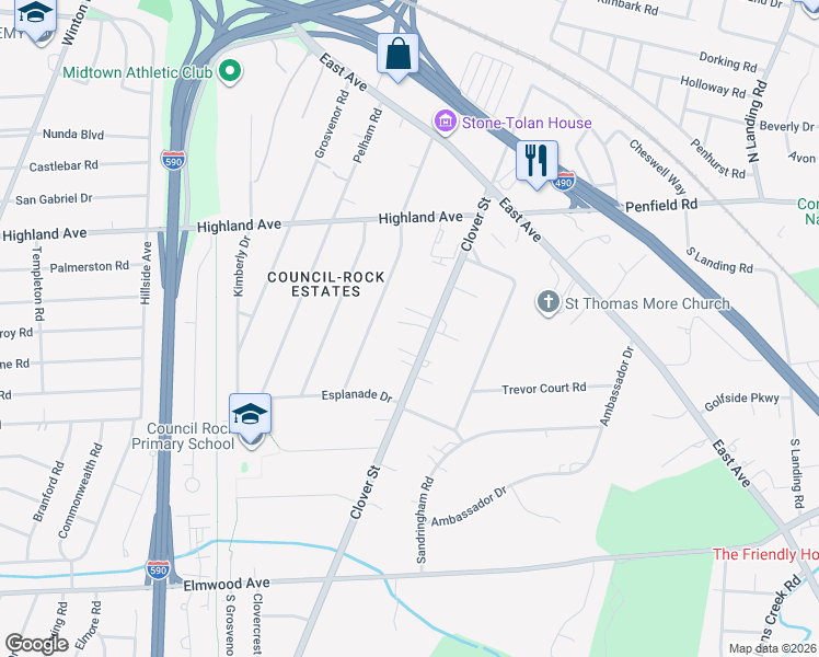 map of restaurants, bars, coffee shops, grocery stores, and more near 1253 Clover Street in Rochester