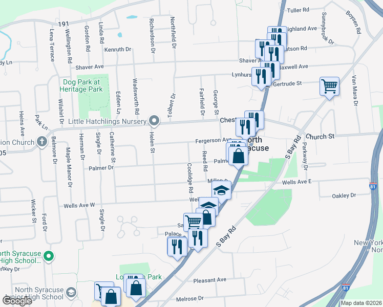 map of restaurants, bars, coffee shops, grocery stores, and more near 101 Coolidge Road in Syracuse