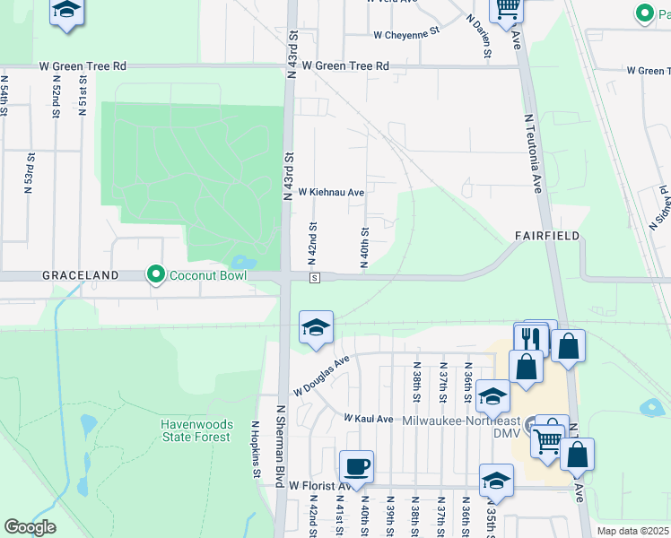 map of restaurants, bars, coffee shops, grocery stores, and more near 4100 West Mill Road in Milwaukee