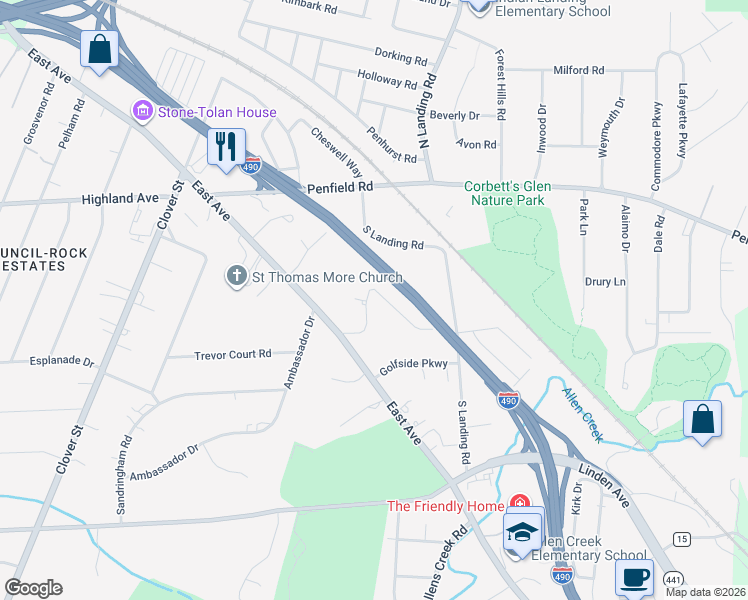 map of restaurants, bars, coffee shops, grocery stores, and more near 89 Oak Lane in Rochester